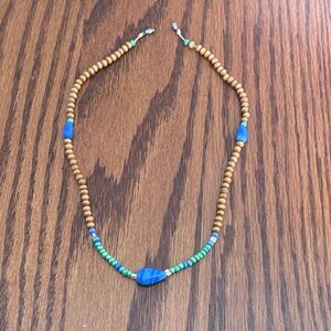 Handmade Wooden Bead Necklace with Blue & Green Accent